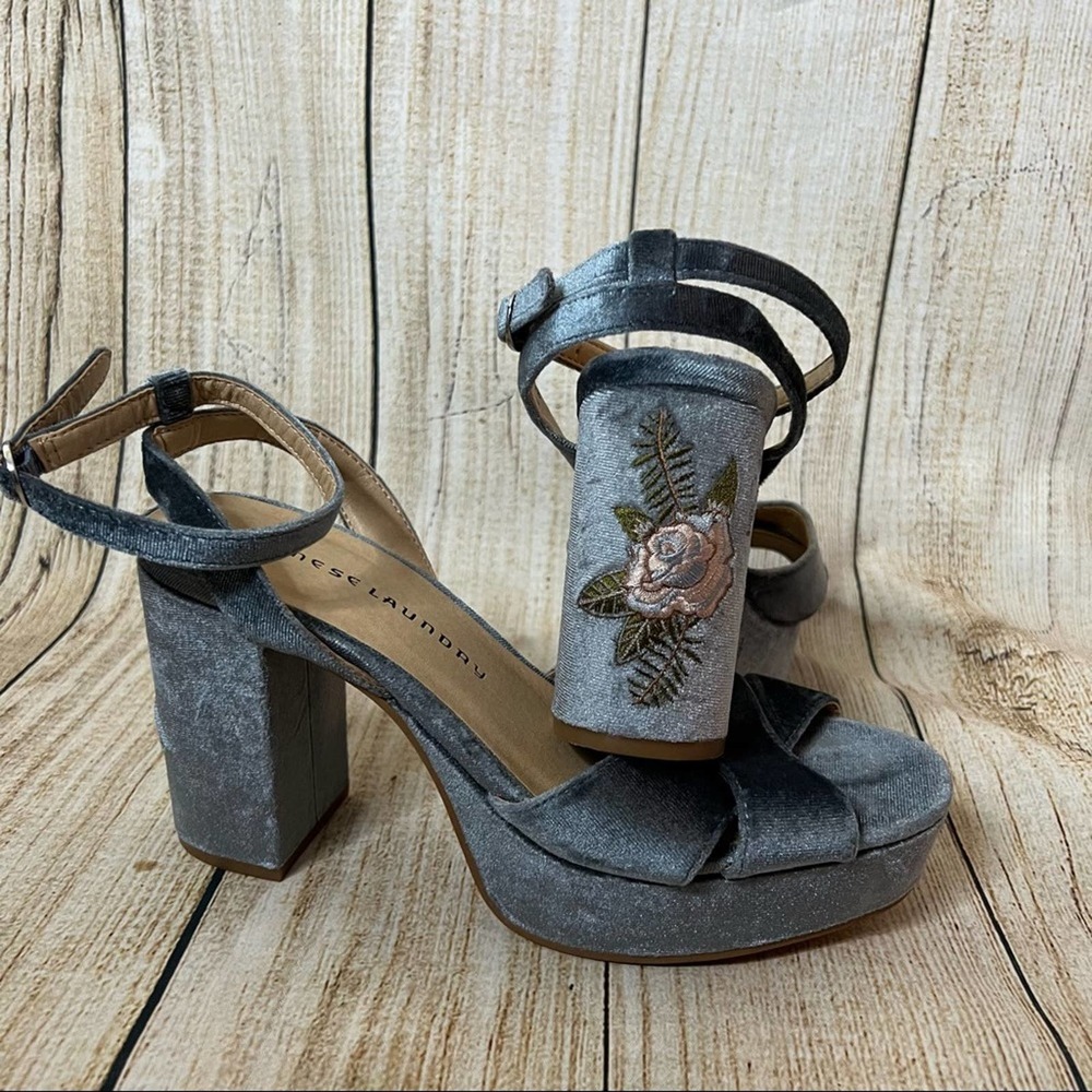 Chinese Laundry Gray Heels with Floral Embroidery